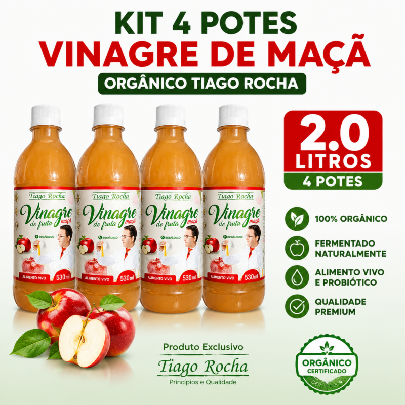 Kit4 potes Vinagre de maça orgânico Tiago Rocha 2.0 litros