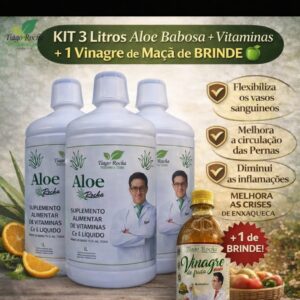 Kit3L Suco Gel Babosa Aloe Vera Tiago Rocha 3Litros de 1L + 1 Vinagre terapêutico maça orgânico Tiago Rocha 530ml de BRINDE