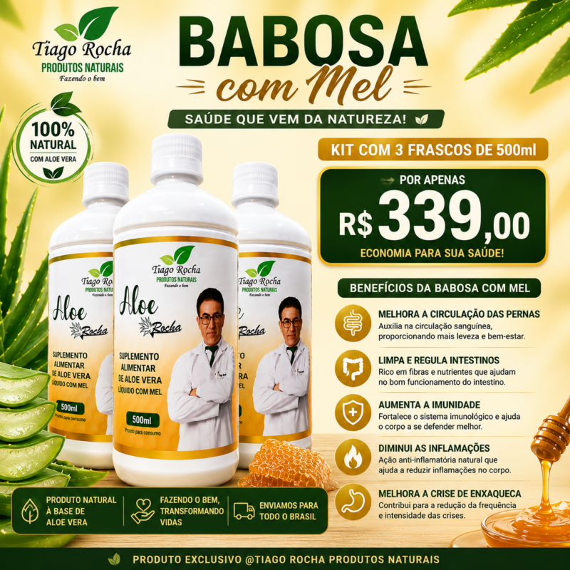 Kit3 Suco Gel da Babosa Aloe Vera com MEL Tiago Rocha 500ml