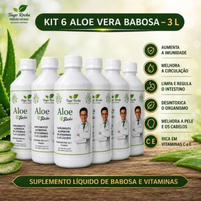 Kit6 Sucos Babosa Aloe Vera Gel Tiago Rocha (6 Frascos de 500ml cada)